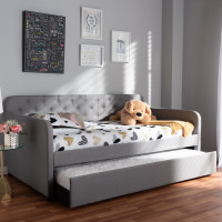 Baxton Studio Camelia-Light Grey-Daybed Camelia Modern and Contemporary Grey Fabric Upholstered Button-Tufted Twin Size Sofa Daybed with Roll-Out Trundle Guest Bed